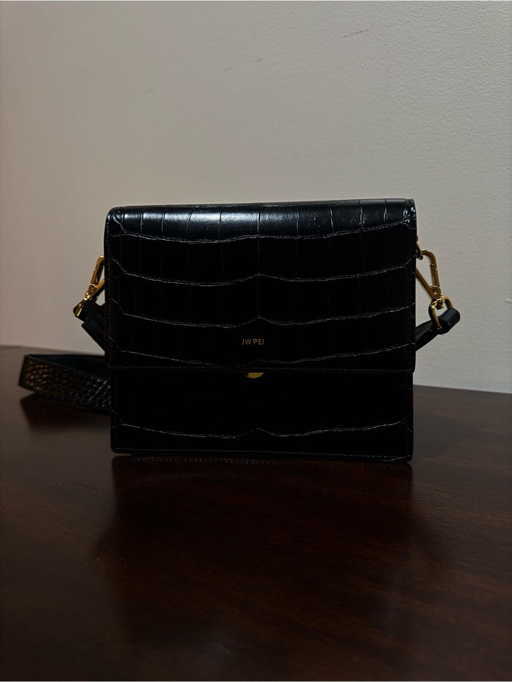 JW PEI Black Croc-Embossed Crossbody with Gold Hardware